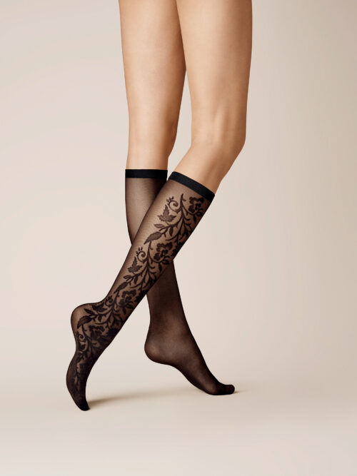 KUNERT Damen Floral Romance - 39-42 - Kniestrümpfe mit Blumen-Muster - Black 0500 (Schwarz)